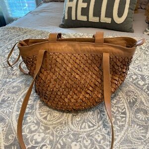 Brown Tan Woven genuine Leather Shoulder Bag bucket
